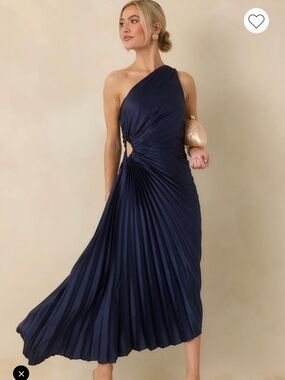 Poetic Charm Navy Blue One Shoulder Pleated Maxi